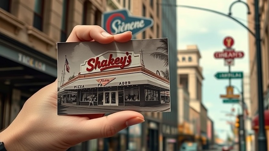 A hand holds a historic Shakey's Pizza photo over a modern Sacramento street, showcasing local landmarks.