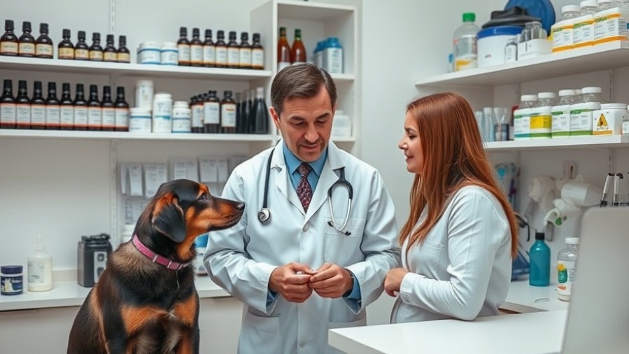 Vet discusses integrative pet care with owner, surrounded by herbs and medical tools.