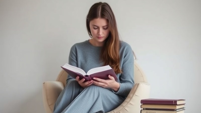 A serene setting features a person seated comfortably, engrossed in a book, with a stack of others nearby.