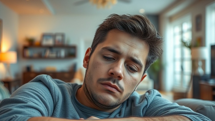 Tired individual in a beautifully designed living room highlighting sleep deprivation effects.