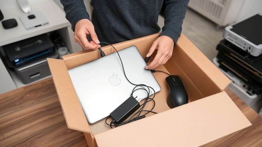 Person organizing e-waste disposal by unplugging and packing old laptops and accessories.