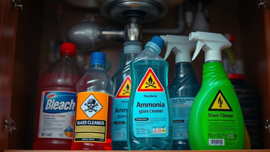 Household hazardous waste: cleaning products with hazard symbols under a sink.