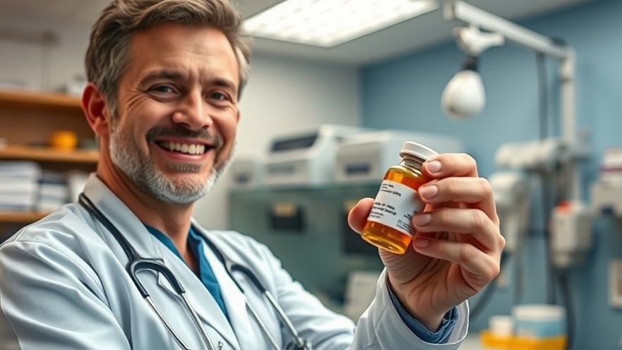 Smiling vet showcasing affordable pet medication in a vibrant clinic.