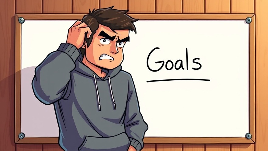Frustrated man in sweatshirt beside goal visualization whiteboard, seeking strategies for success.