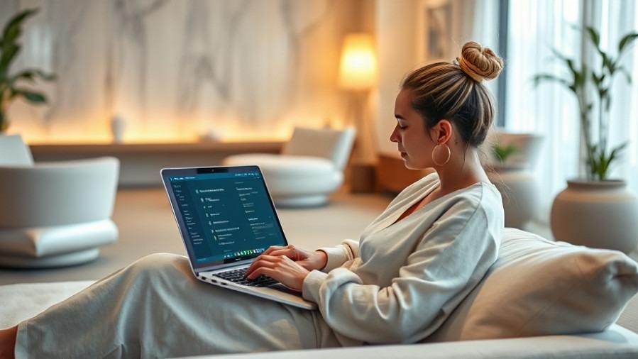 Spa owner using AI tools for spas to enhance client engagement in a tranquil lounge.