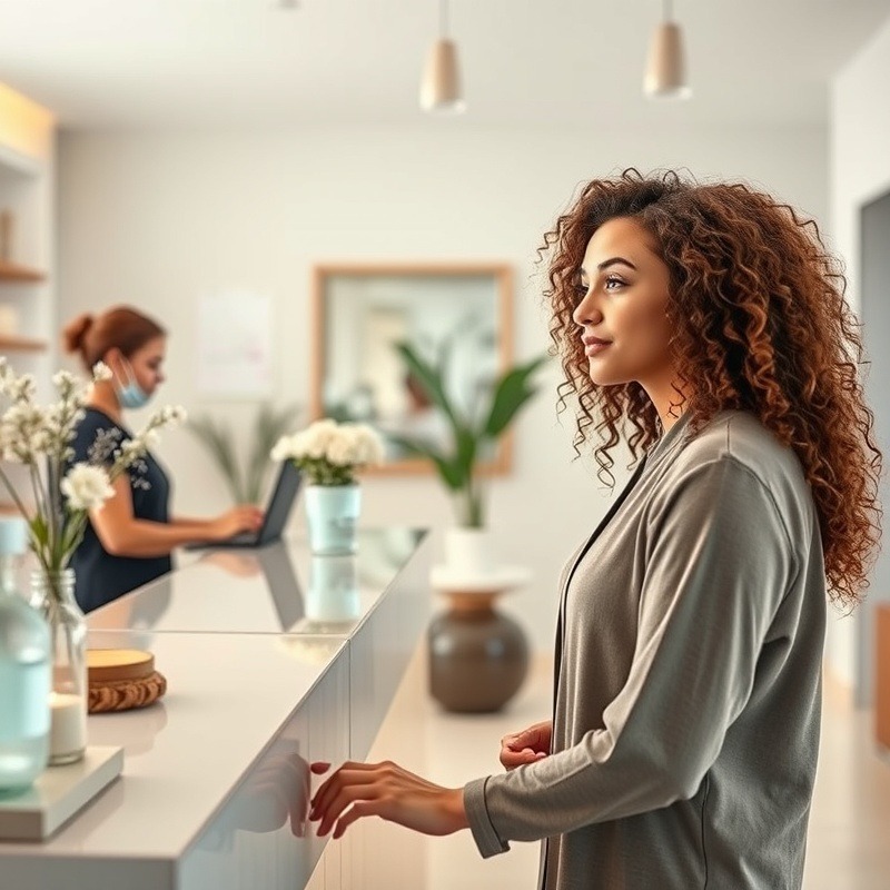 Young woman with curly hair, a first time spa client talking to front desk person at a day spa client conversion.