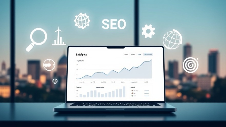 Modern laptop showing SEO analytics with city skyline, Sacramento, and optimization icons.