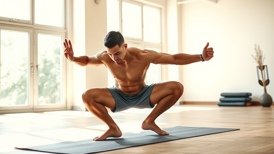 Muscular man performing deep sumo squat stretch for mobility exercises in fitness studio.