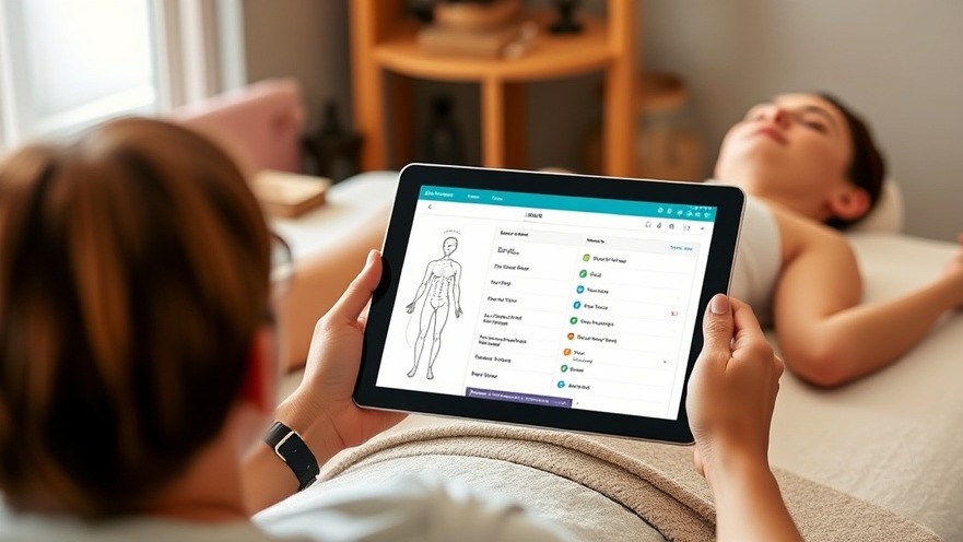 Massage therapist using a tablet for professional intake forms and notes.