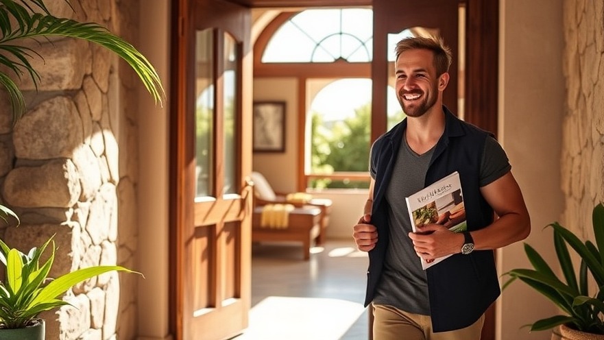 A smiling man exits a spa into sunlight, embracing men's wellness and self-care.