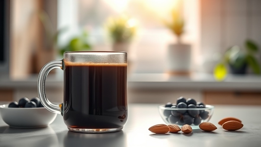 Freshly brewed coffee promoting autophagy benefits, surrounded by healthy snacks.