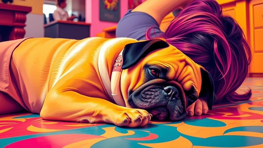 Peaceful pug beside woman, vibrant colors, representing canine health and comfort.