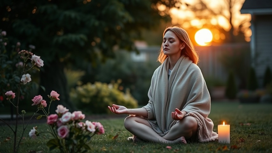 Woman meditating at dawn in a peaceful backyard, embracing fitness motivation and wellness community.