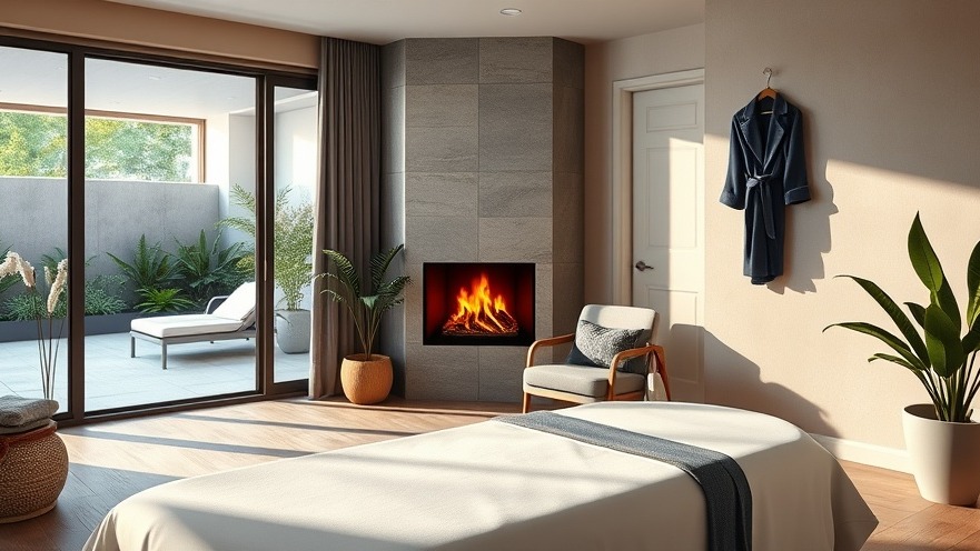 Tranquil interior spa with massage table, fireplace, plush armchair, and patio view.