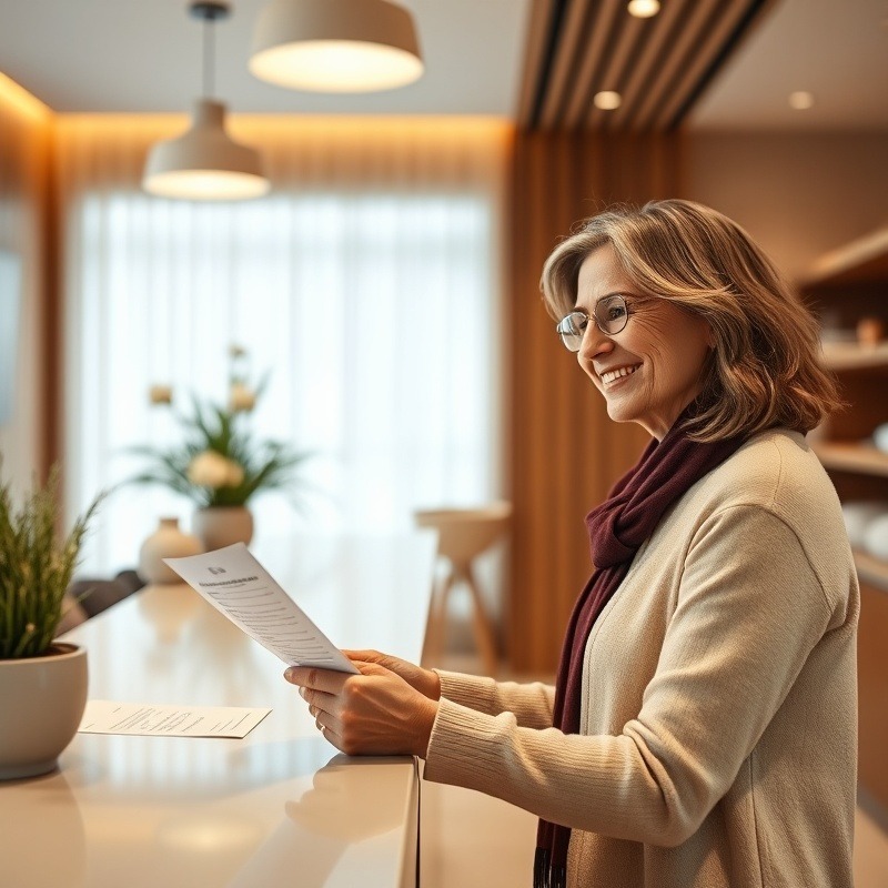 middle aged woman gives medical spa consent at reception