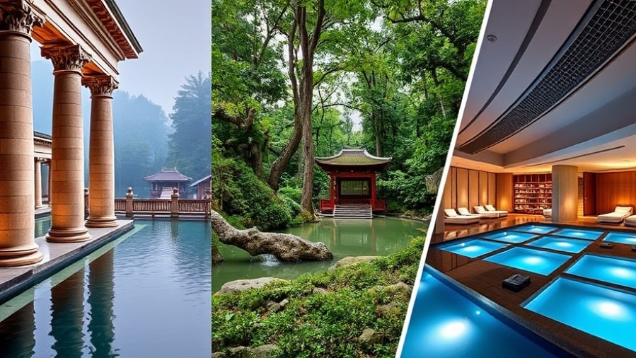 Ancient and modern bathing blend: Roman columns, Japanese onsen, and sleek spa design.