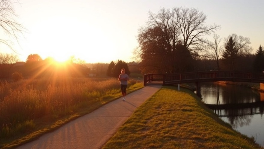 Golden sunset over Arboretum Waterway with jogger and wooden bridge.
