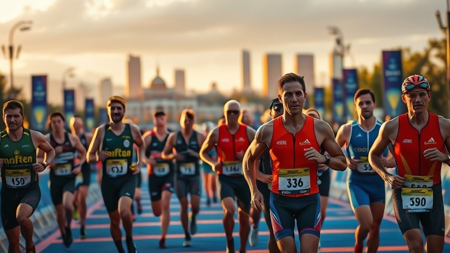 Diverse athletes finish IRONMAN California, showcasing triumph against a golden Sacramento skyline.