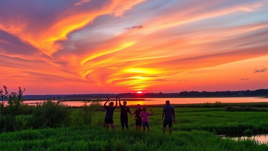 Vibrant sunset at Stone Lakes National Wildlife Refuge with joyful family exploring wetlands.