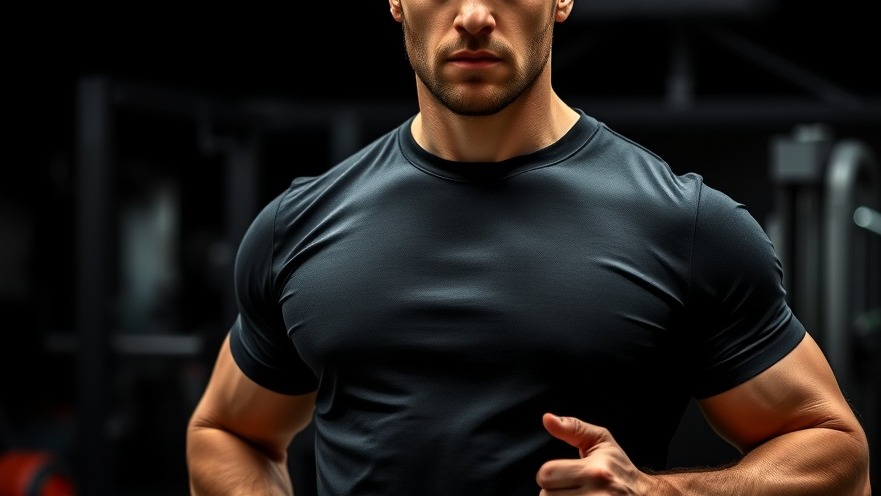 Focused athletic man in black T-shirt showcasing strength training for fitness goals.