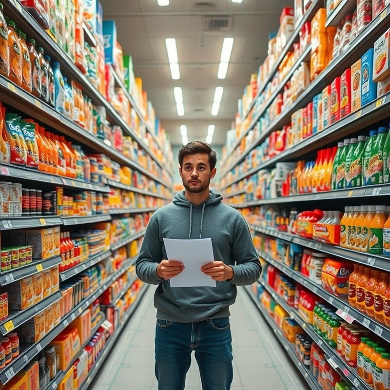 The image depicts a person standing in front of a large supermarket aisle filled with an overwhelming variety of products. ideal for content bundling context.