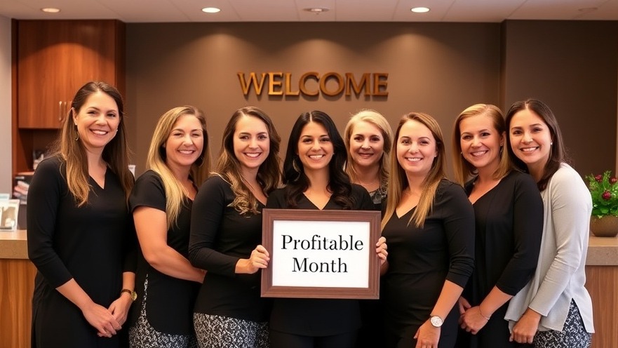 Smiling spa team celebrates a profitable month at their welcoming reception desk.