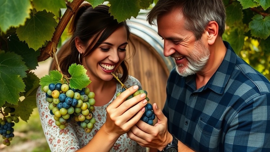 Sabonis and Shashana joyfully inspect grapes, celebrating wine culture in Sacramento.
