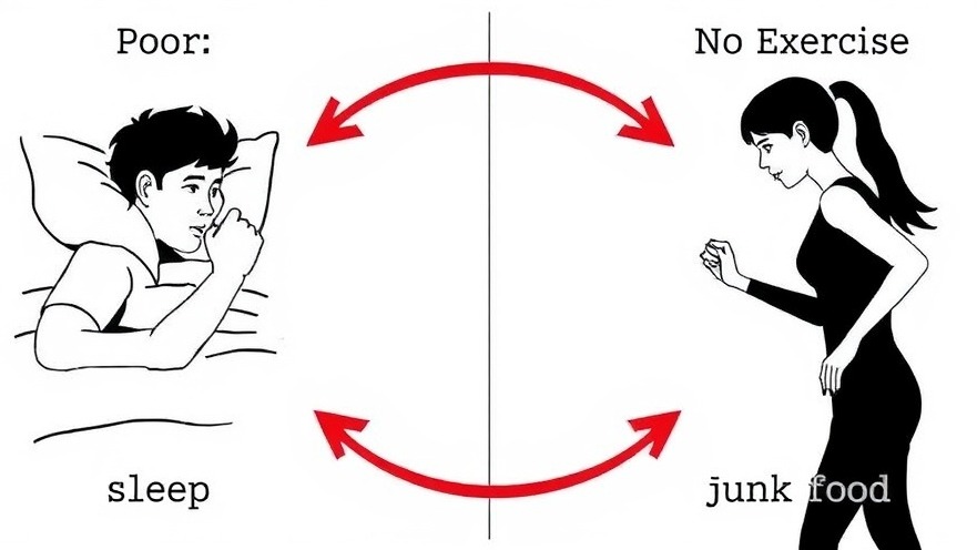 A loop visual depicting daily habits: poor sleep, junk food, and no exercise for energy.