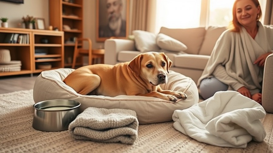 Senior dog recovering comfortably at home, highlighting pet health issues and care.