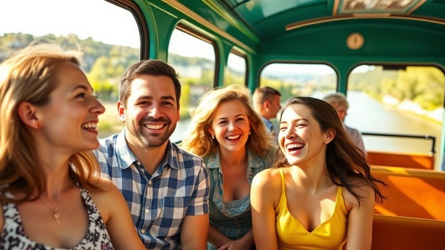 Joyful family aboard Sacramento RiverTrain with vibrant river scenery.