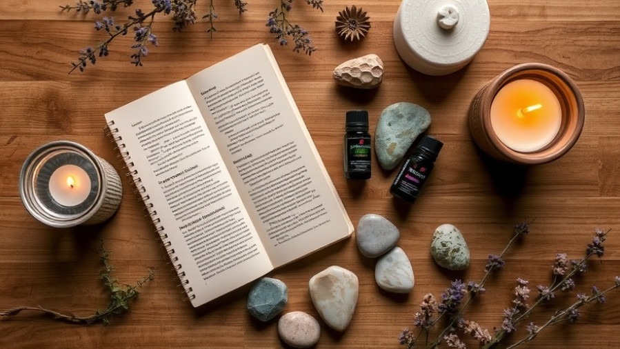 Sensory elements including scented oils, stones, and a candle, artfully arranged.