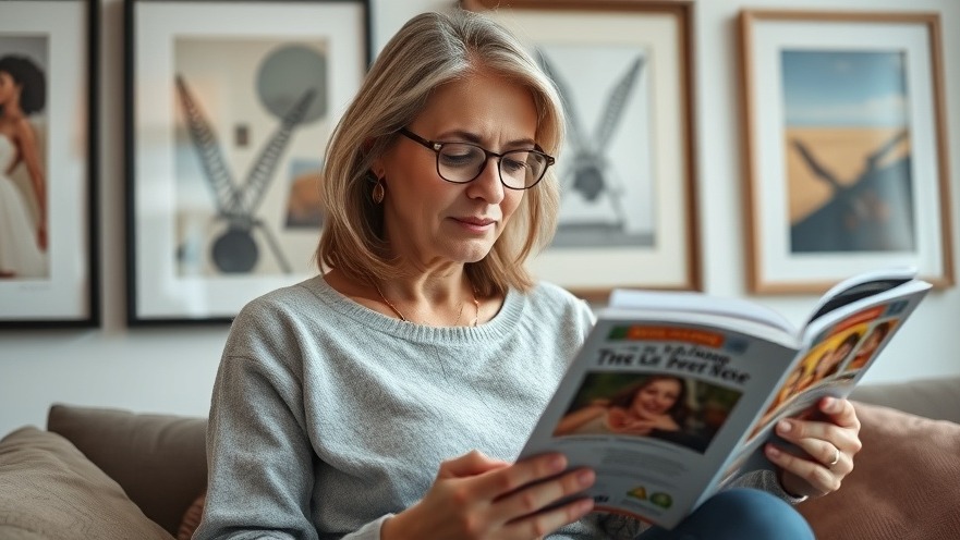 Middle-aged woman practicing mindful eating while reading in a cozy, artistic indoor setting.
