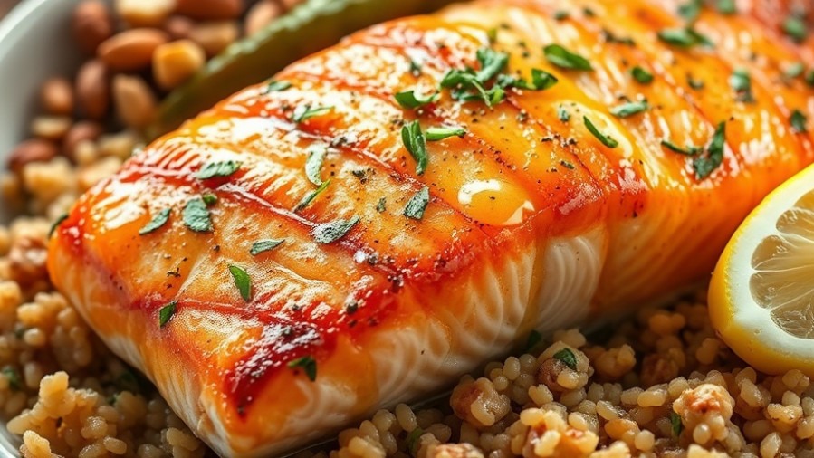 Salmon fillet with olive oil, quinoa, and veggies for brain-boosting diet.