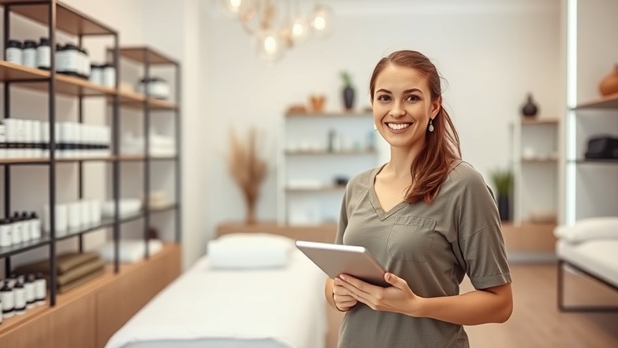 Confident spa owner in serene treatment room with tablet, symbolizing growth and tranquility.