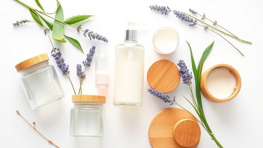 Natural skincare products in glass jars with bamboo lids and botanicals.