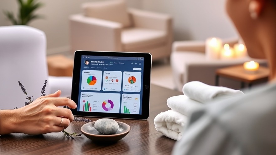 Spa owner reviews Mailchimp dashboard with charts and guest feedback, surrounded by calming essentials.