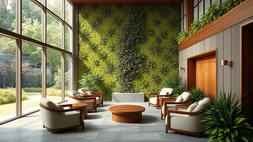 Tranquil spa lobby with sunlight, moss wall, and serene garden view.