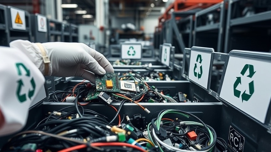 Gloved hands sorting computer parts for e-waste disposal in a professional facility.