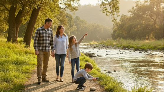 Family with clear, well-formed faces walking mindfully along the American River trail in Sacramento, bathed in golden sunlight and surrounded by trees.