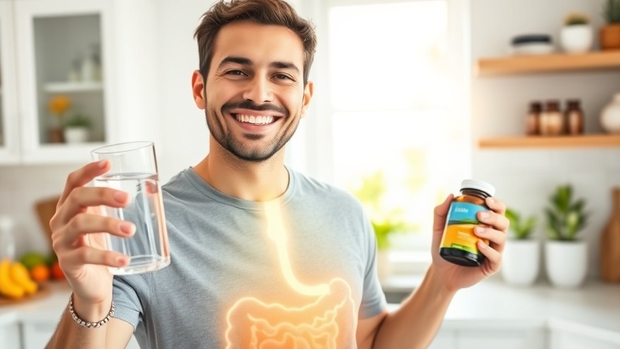 Smiling man holding probiotics, showcasing gut-brain axis and gut microbiome benefits.