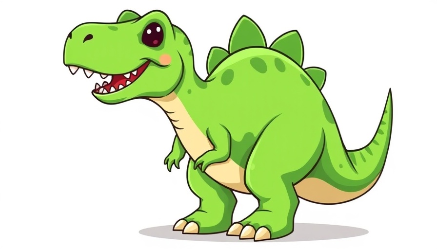 Cartoon green T-Rex dinosaur standing with cute expression.
