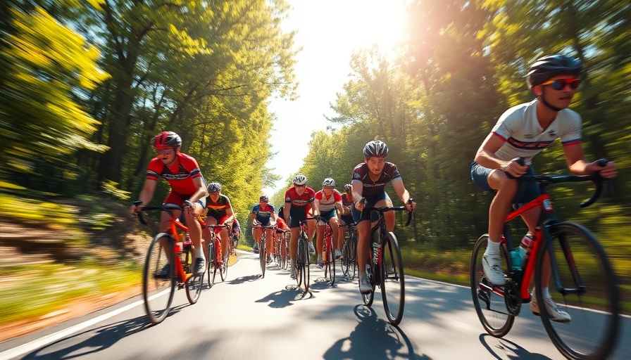 Colorful mountain biking race through a forest path.
