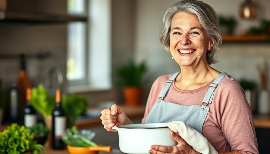 Smiling woman in kitchen with pot and fresh greens, promoting plant-based Mexican cuisine.