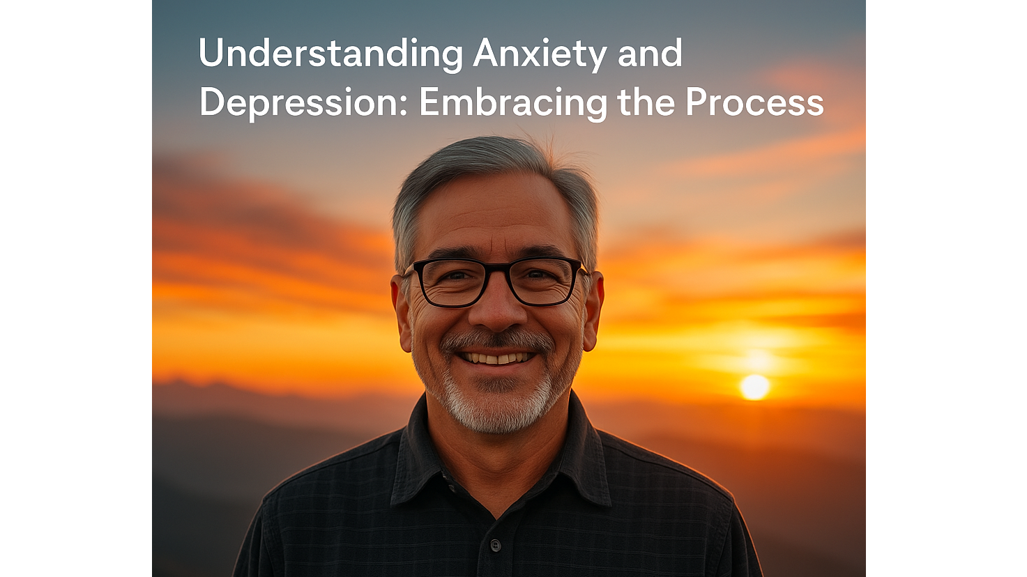Mindfulness meditation for anxiety relief with mountain landscape and man's portrait.