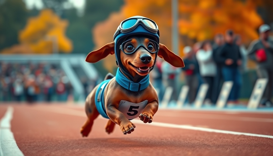 Cartoon dachshund with helmet runs on track at beer mile event.