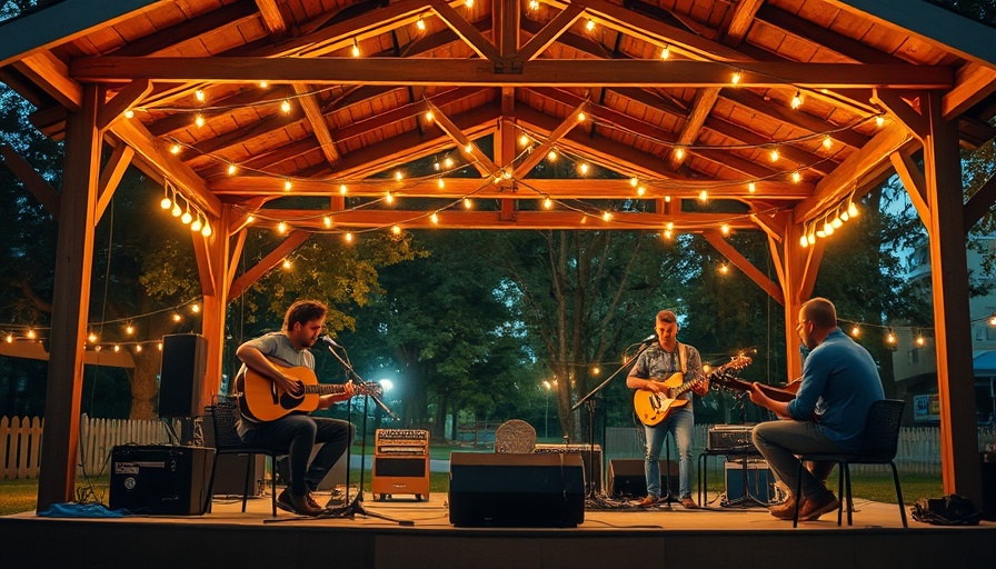 Birdeye Gravel Festival evening concert with outdoor musicians under string lights.