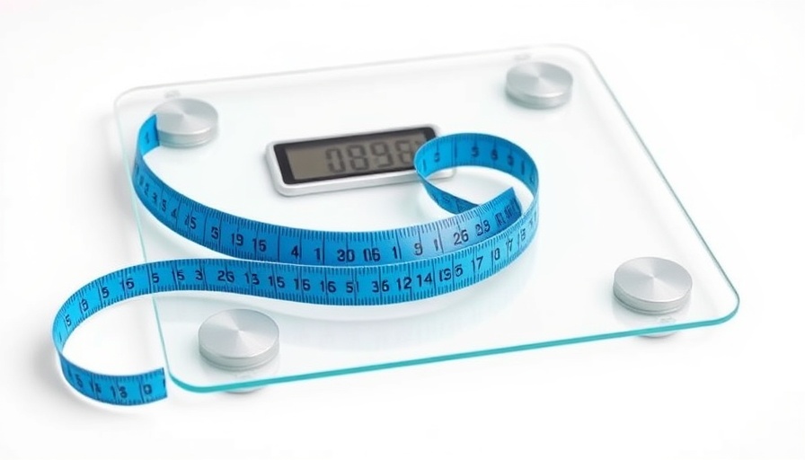 Glass digital scale and blue tape for body weight health insights.