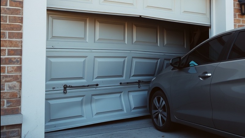 damaged garage door natural light with 35mm lens