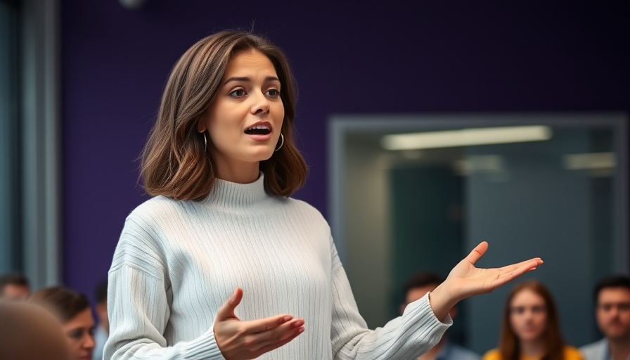 Young woman engaging audience, speaking energetically, website traffic generation.