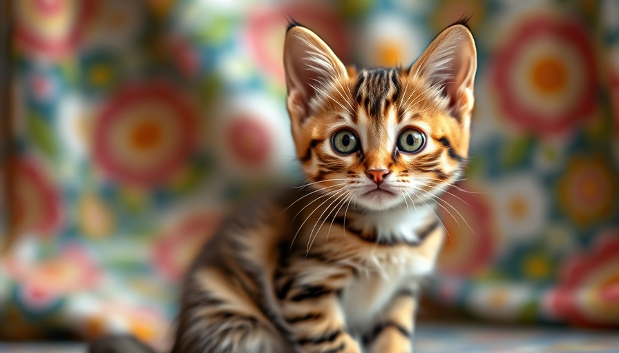 Adorable kitten sitting on a patterned blanket indoors